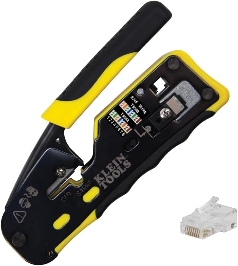 Klein Tools 80024 Ratcheting Data Cable and RJ45 Crimp Tool with 50 CAT6 Plugs