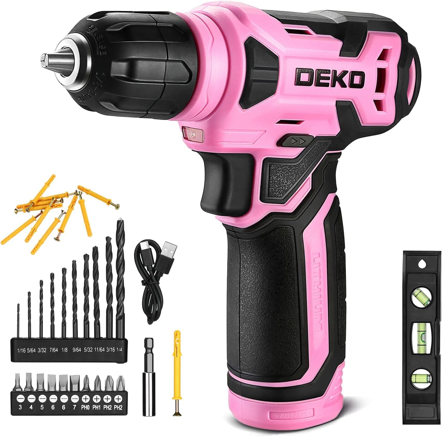 DEKOPRO 8V Cordless Drill with 42 Accessories, Pink