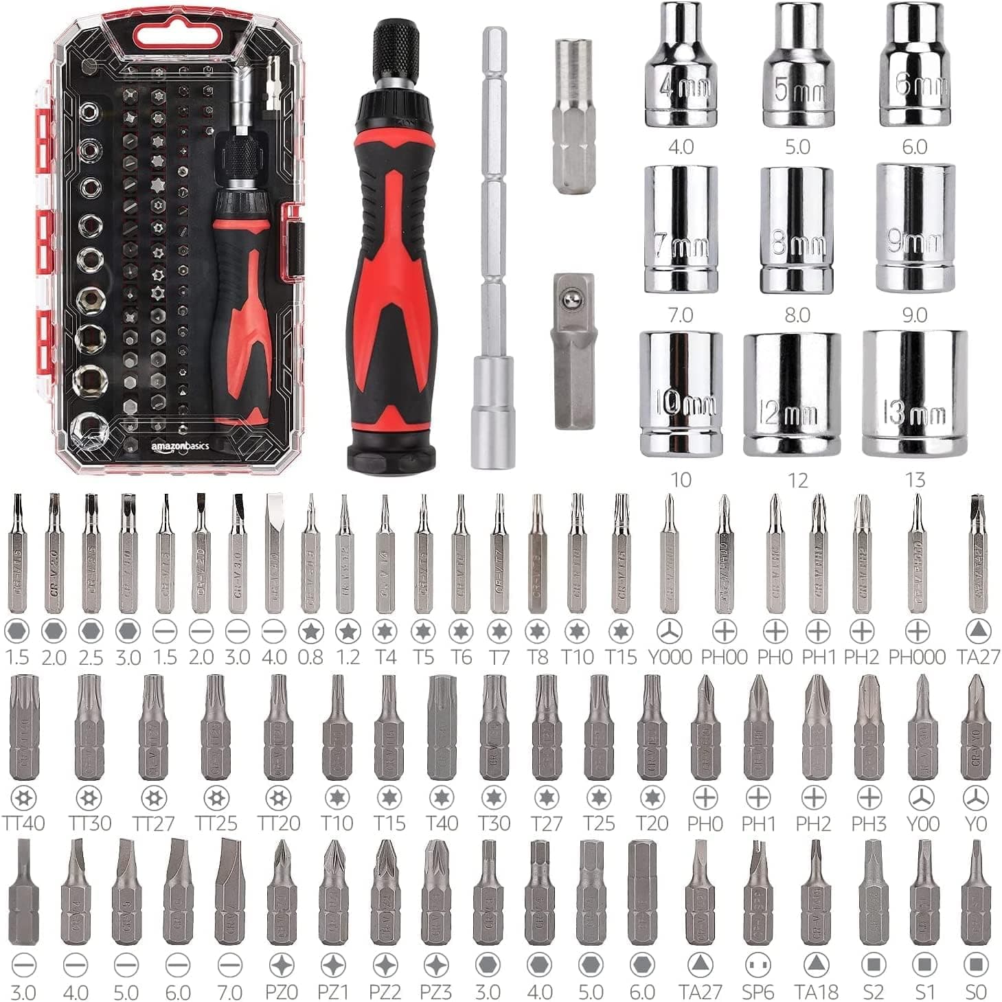Amazon Basics Magnetic Ratcheting Wrench and Precision Screwdriver Set, 73-Piece